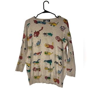 Whimsical Cat Print Crewneck Sweater - Beige